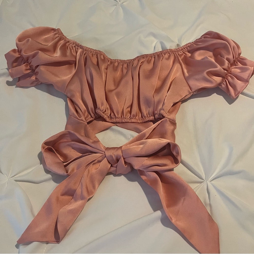 Women Ruffle Off Shoulder Crop Top Satin Strapless Short Sleeve Self Tie Blouse - Picture 7 of 7